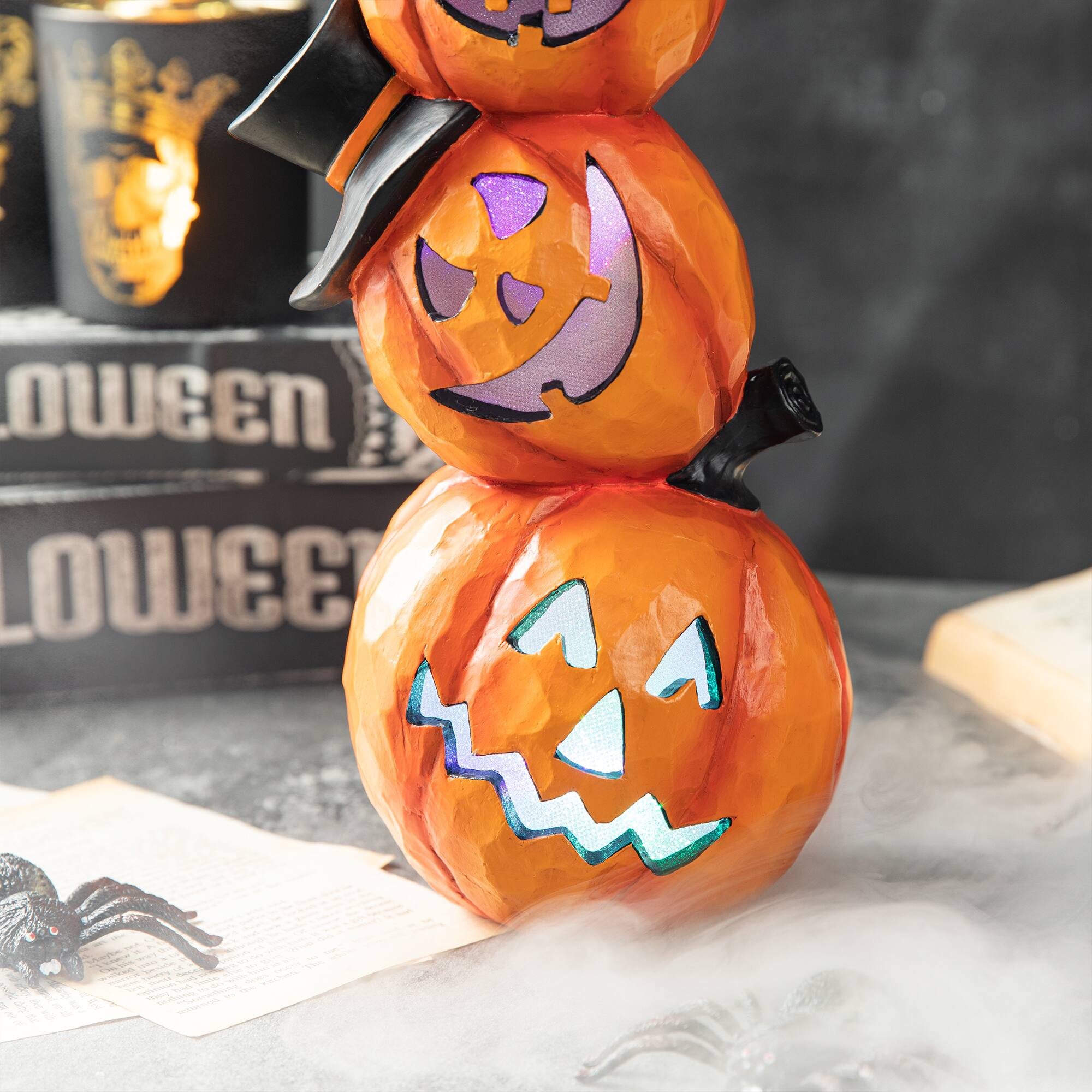 Glitzhome® 14" Lighted Halloween Stacked Resin Pumpkin Table Décor